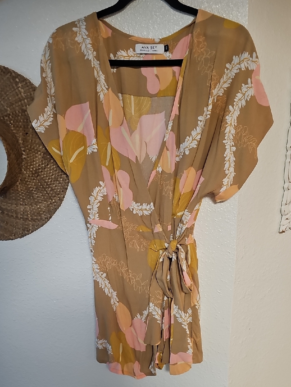Ava Sky Fighting Eel Floral Wrap Mini romper in Tan, Pink & Mustard anthurium